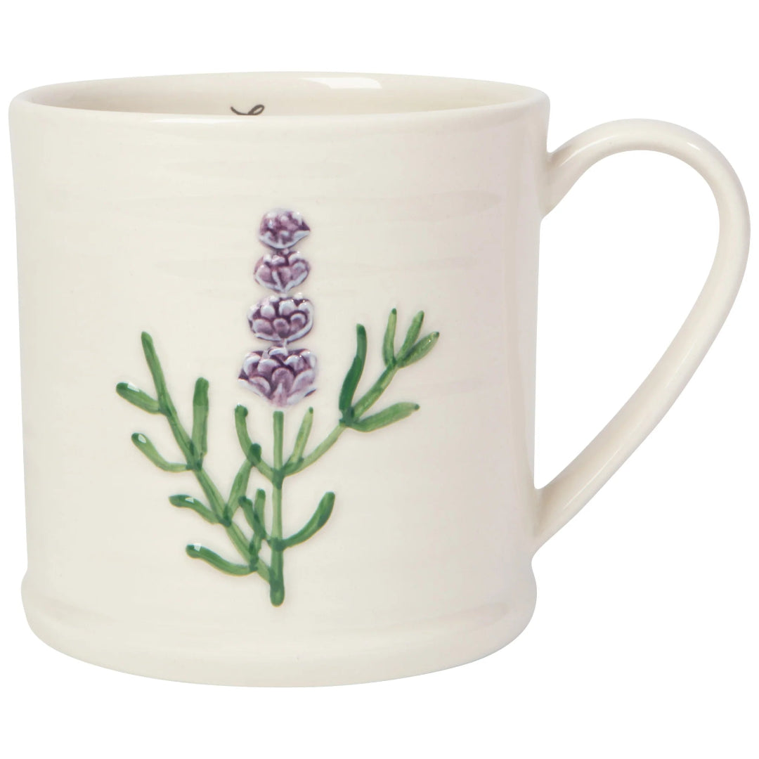 White mug with lavender design on a white background