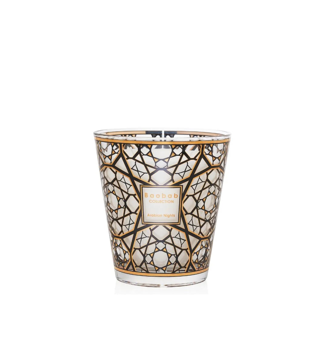 A collection of Baobab scented candles with screen-printed 24-carat gold designs on the glass containers, available in various sizes.