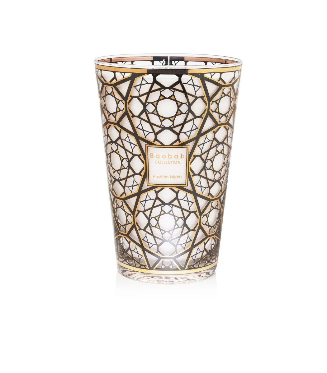 A collection of Baobab scented candles with screen-printed 24-carat gold designs on the glass containers, available in various sizes.
