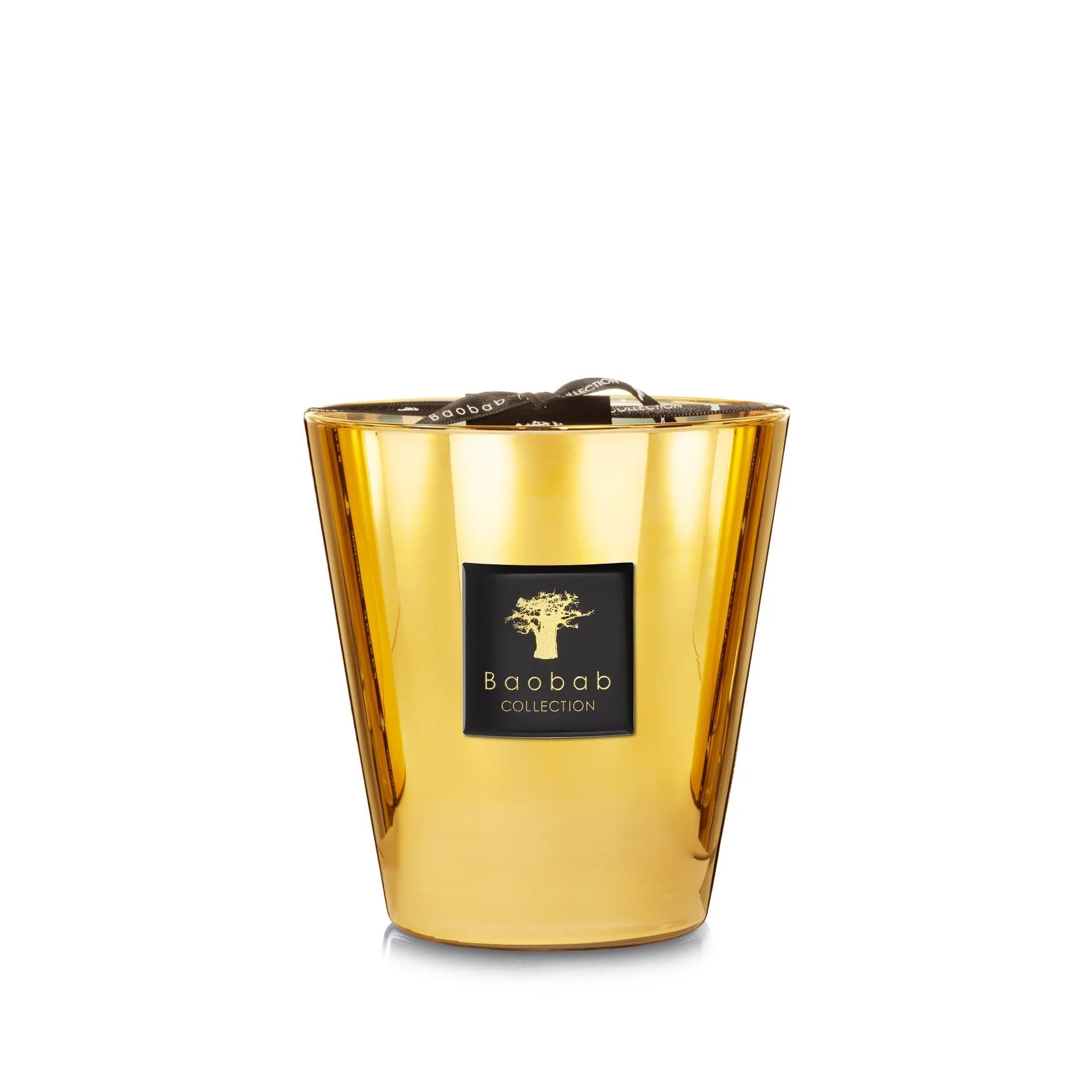 A collection of gold colored candles with glass containers, each with a label reading 'Baobab'.