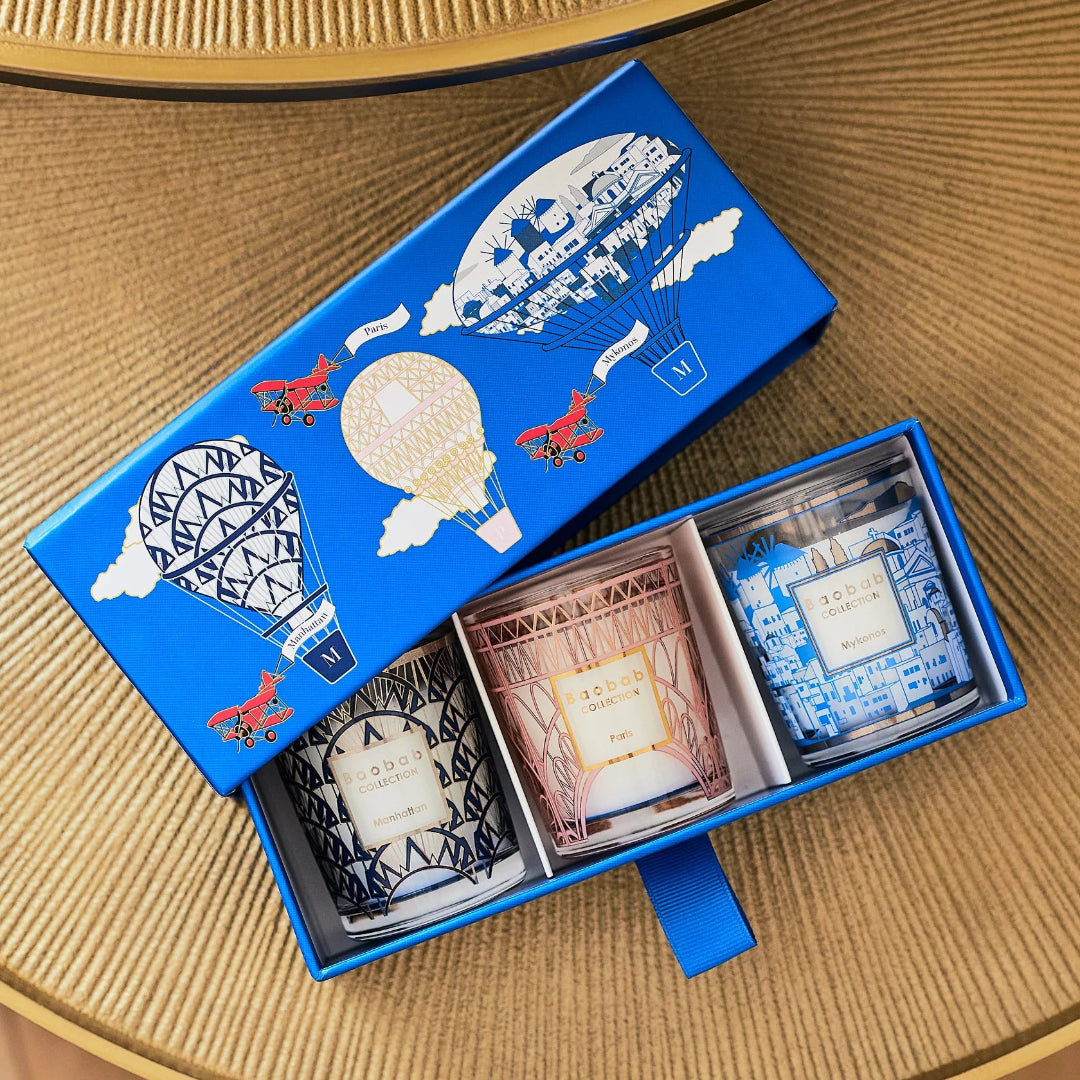Collection Baobab - Trio de Bougies de Voyage MANHATTAN-PARIS-MYKONOS