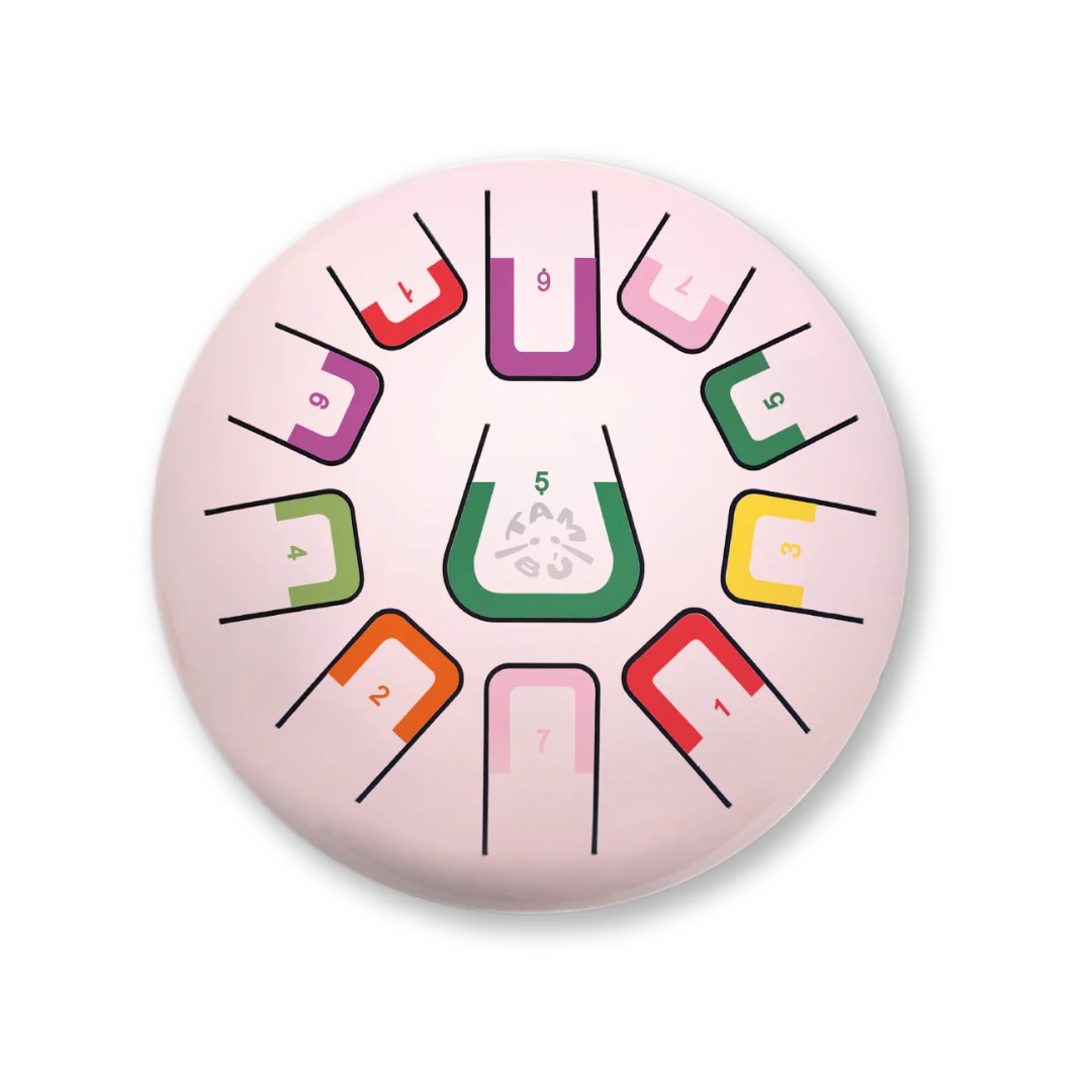 Round pink drum with colorful number labels on a white background