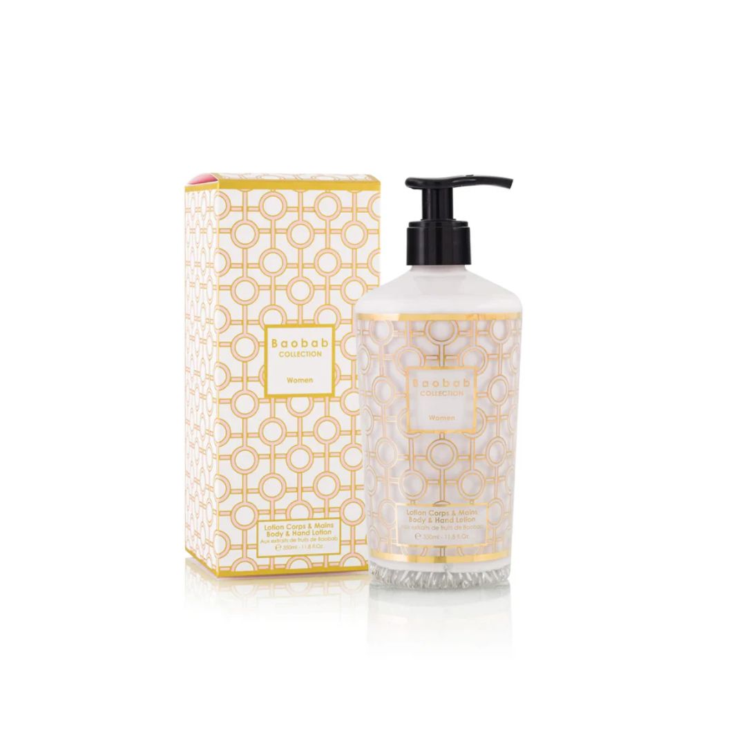 Hand soap bottle with pump and decorative packaging on a white background