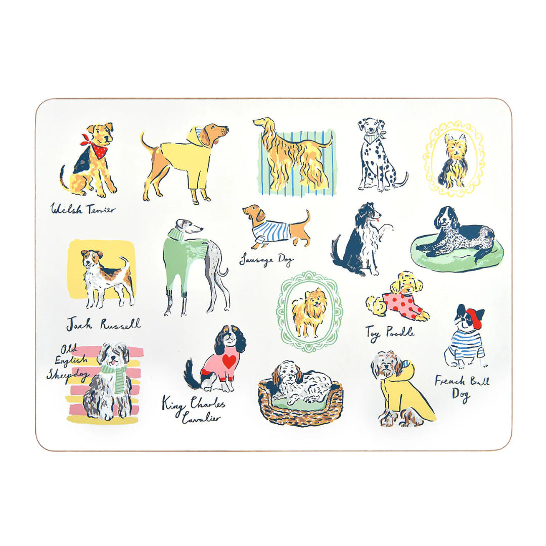 Illustrations of various dog breeds on a white background