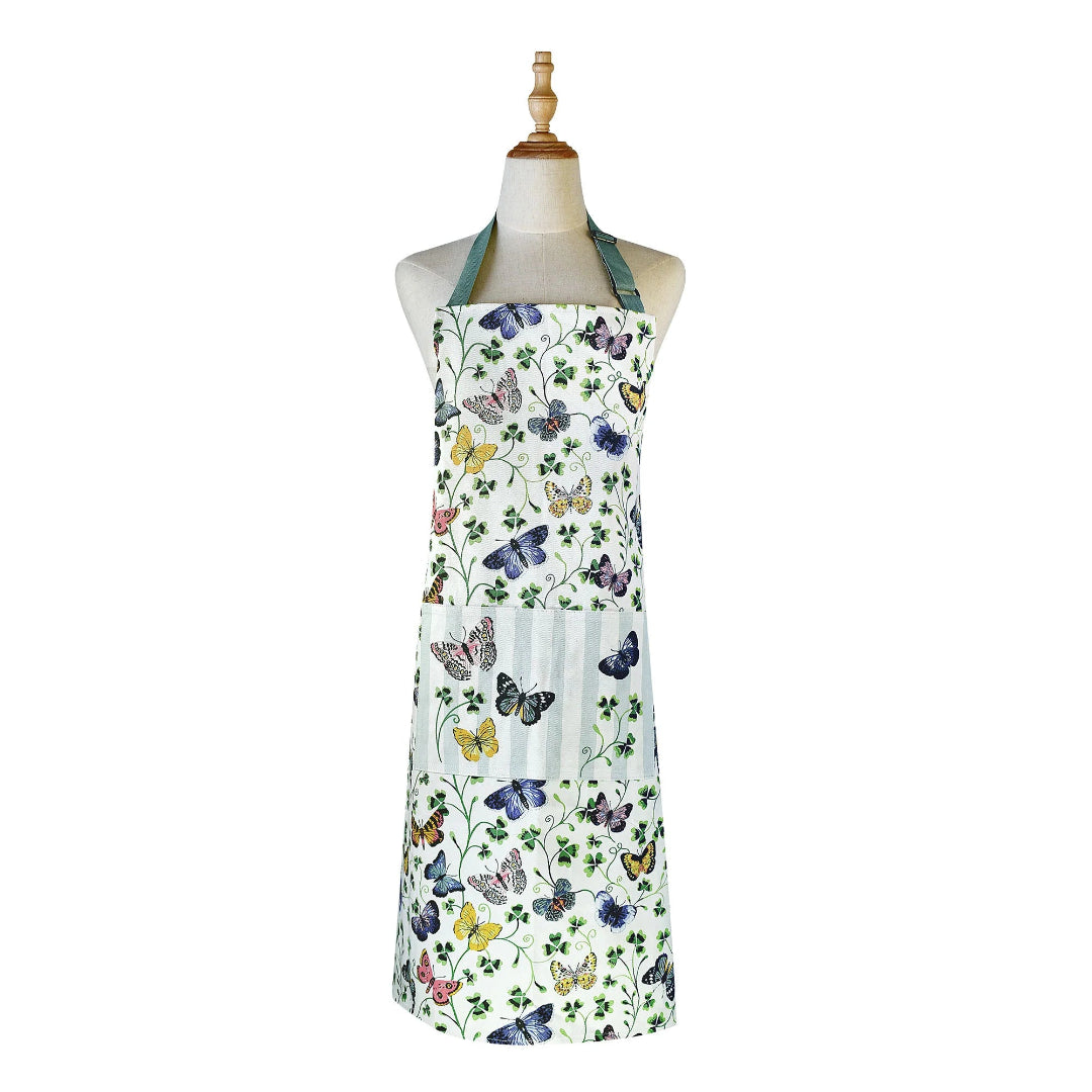 Butterfly-patterned apron on a mannequin against a white background