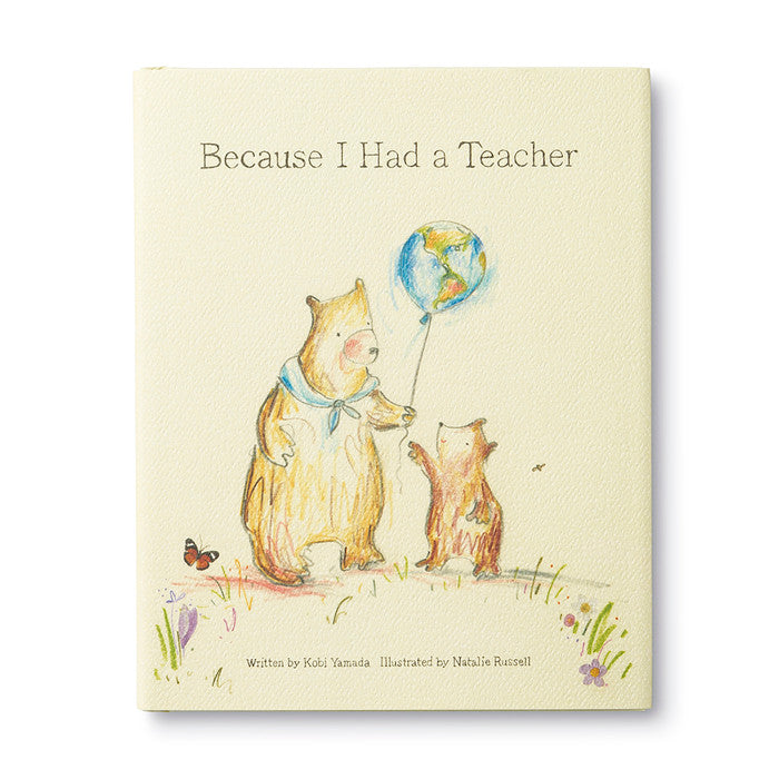 Book cover with two bears, one holding a world balloon, on a beige background.