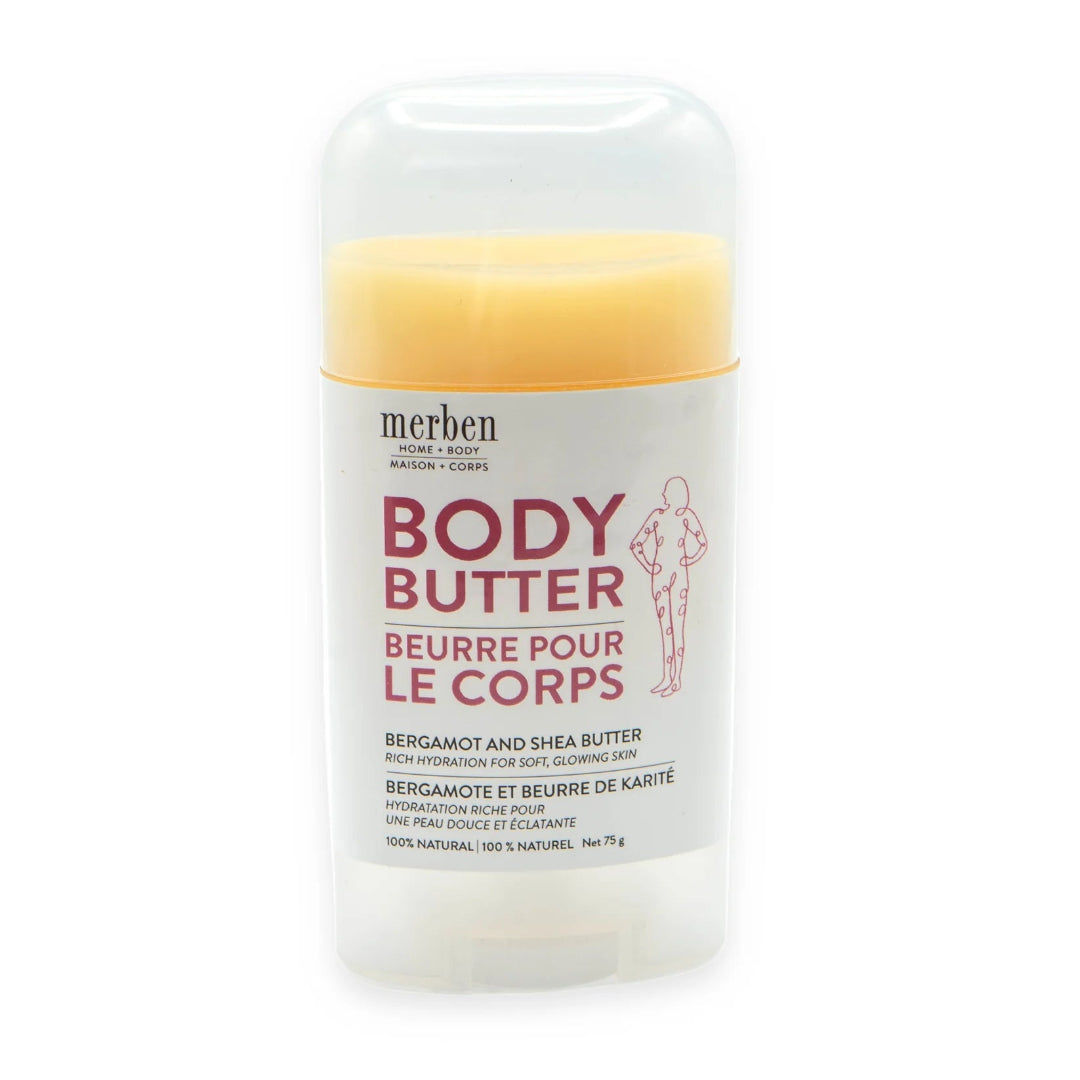 Merben Body Butter stick in a clear plastic container with a white label, photographed on a white background.