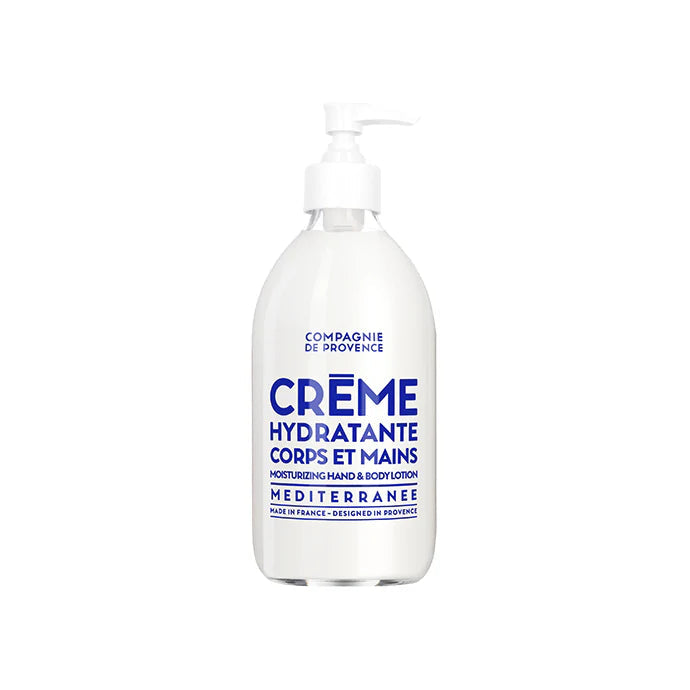 Hydrating cream bottle with blue text on a white background