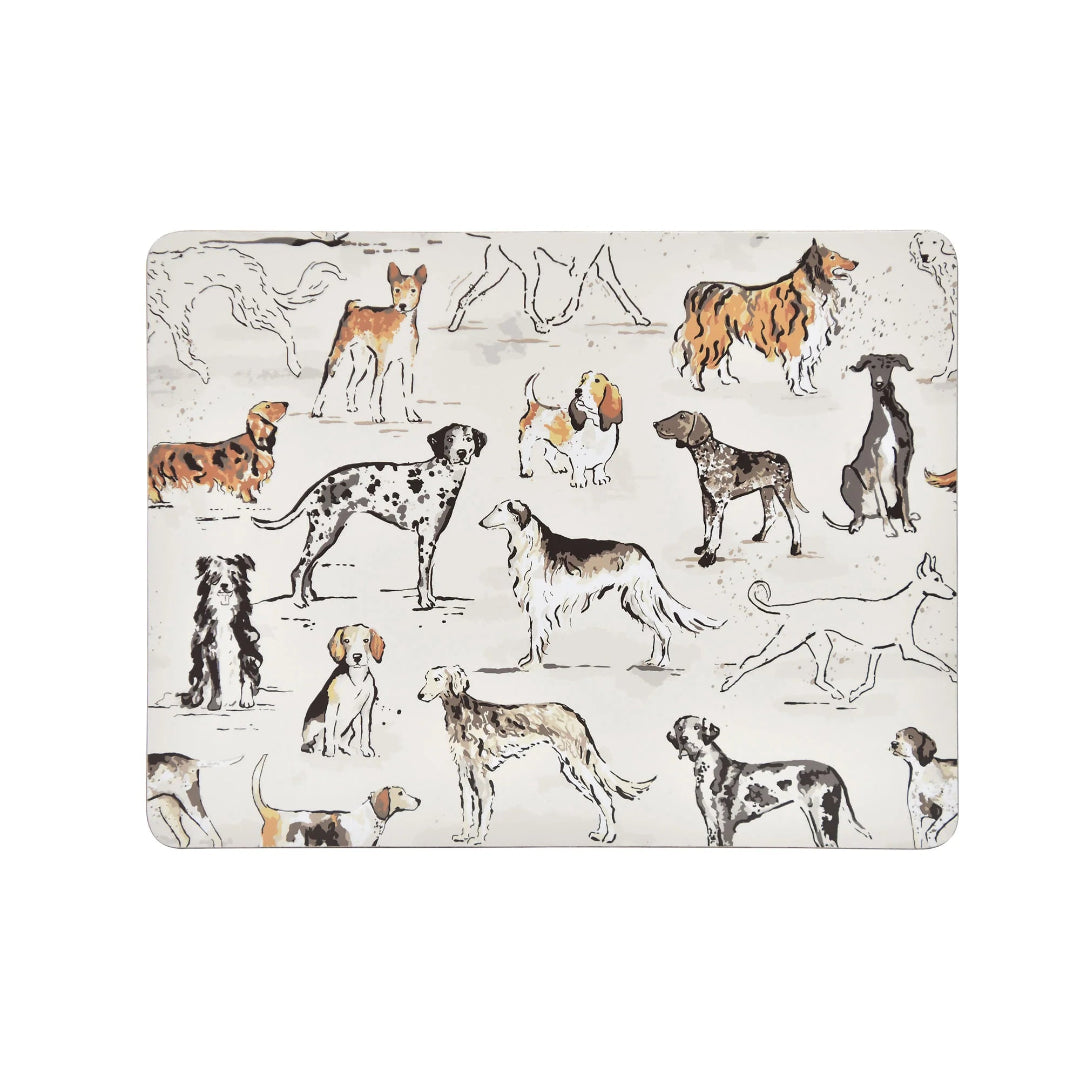 Placemat with illustrations of various dogs on a white background