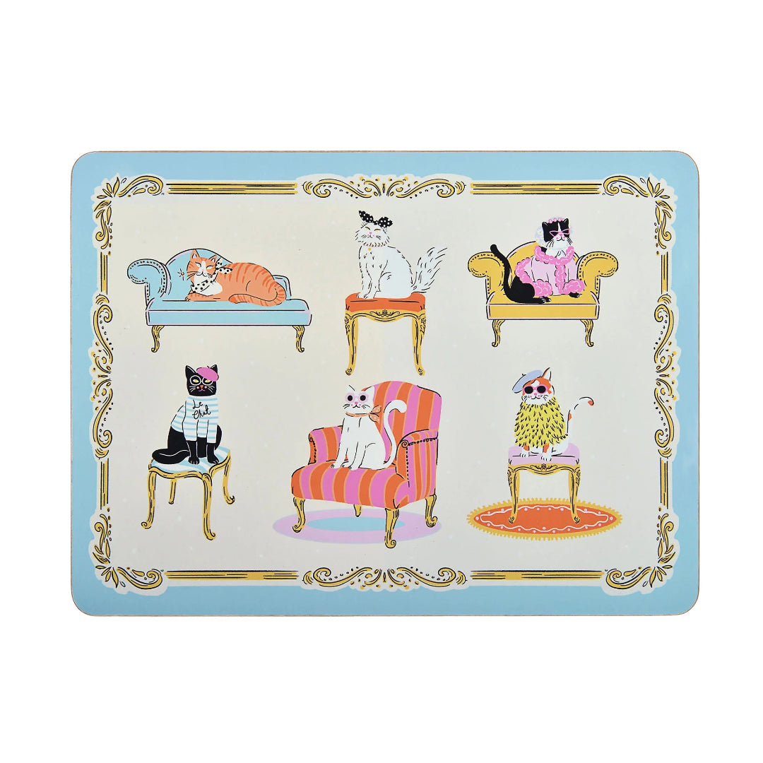 Decorative placemat with illustrated cats in various poses on a light blue background
