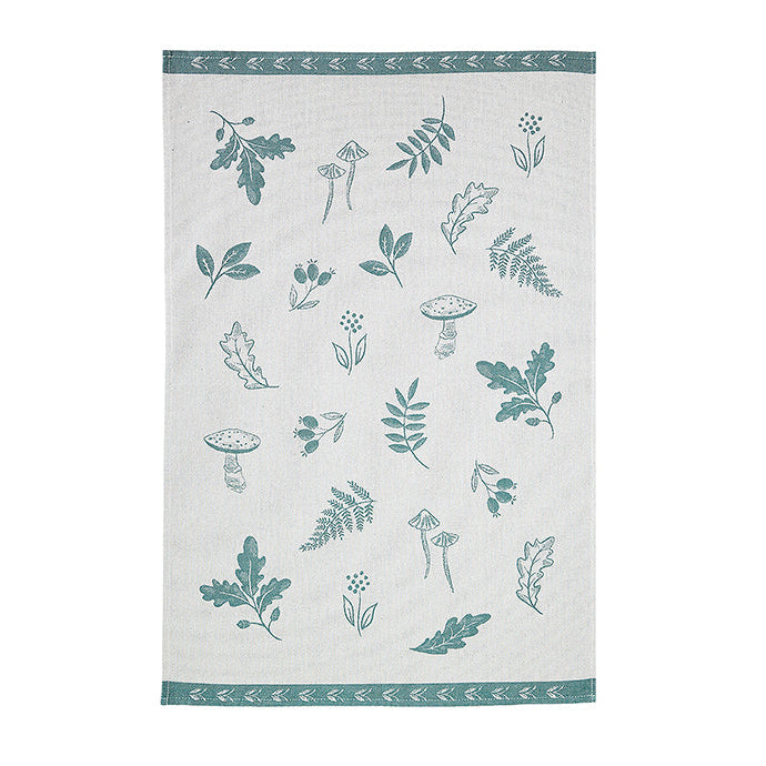 Tea towel with green botanical pattern on a white background