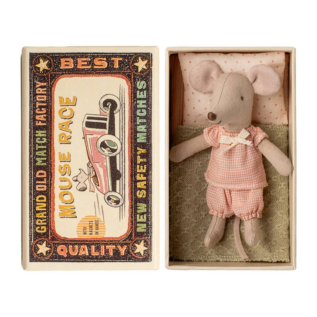 Stuffed mouse toy in a matchbox with vintage-style packaging