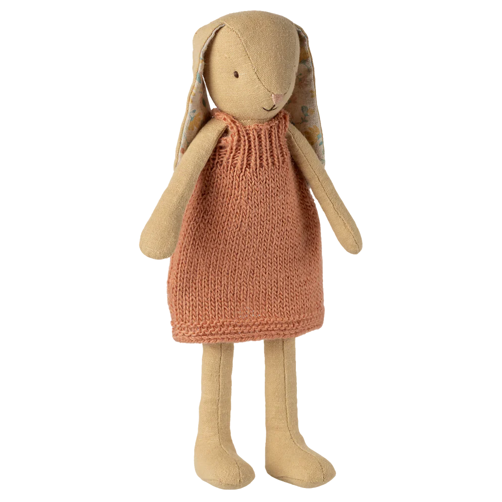 Toy rabbit with a knitted dress on a white background