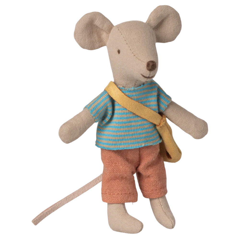 Stuffed toy mouse wearing a striped shirt and orange pants on a white background