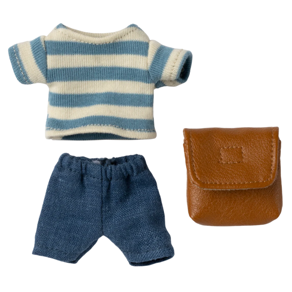 Knitted blue and white striped shirt, blue shorts, and brown leather pouch on a white background