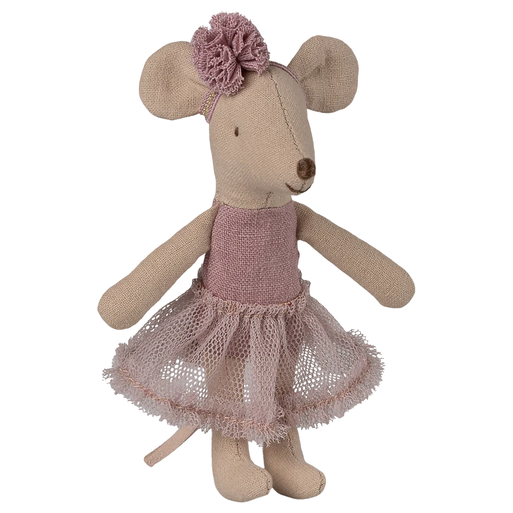 Stuffed mouse toy with a pink dress and flower headband on a white background