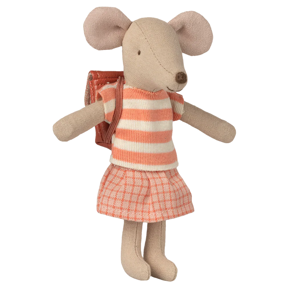 Stuffed mouse toy wearing a striped shirt and checkered skirt on a white background