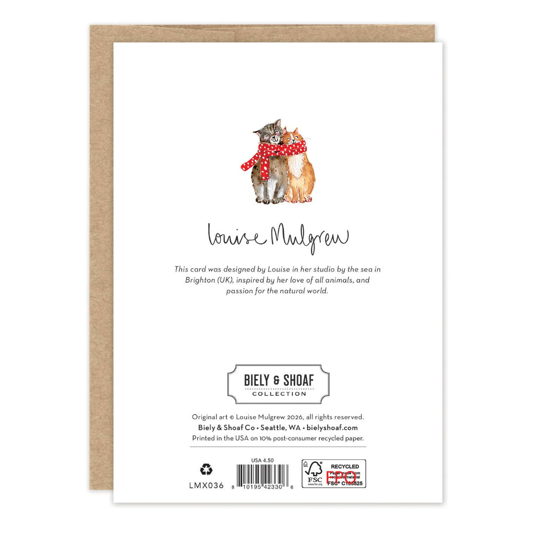 A square white greeting card from the Biely & Shoaf Collection, featuring an illustration of two cats wearing a red scarf, with the name Louise Mulgrew printed below. A kraft brown envelope is positioned behind the card against a white background.