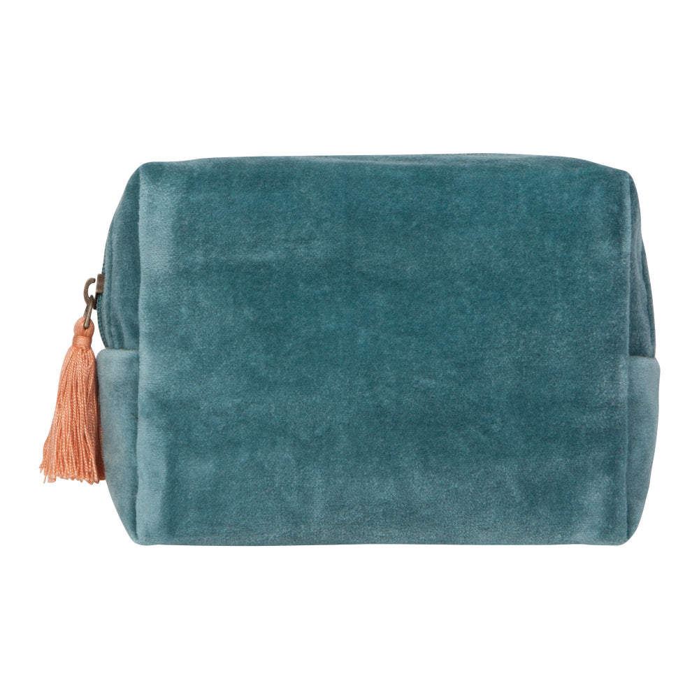 Teal velvet pouch with a pink tassel on a white background