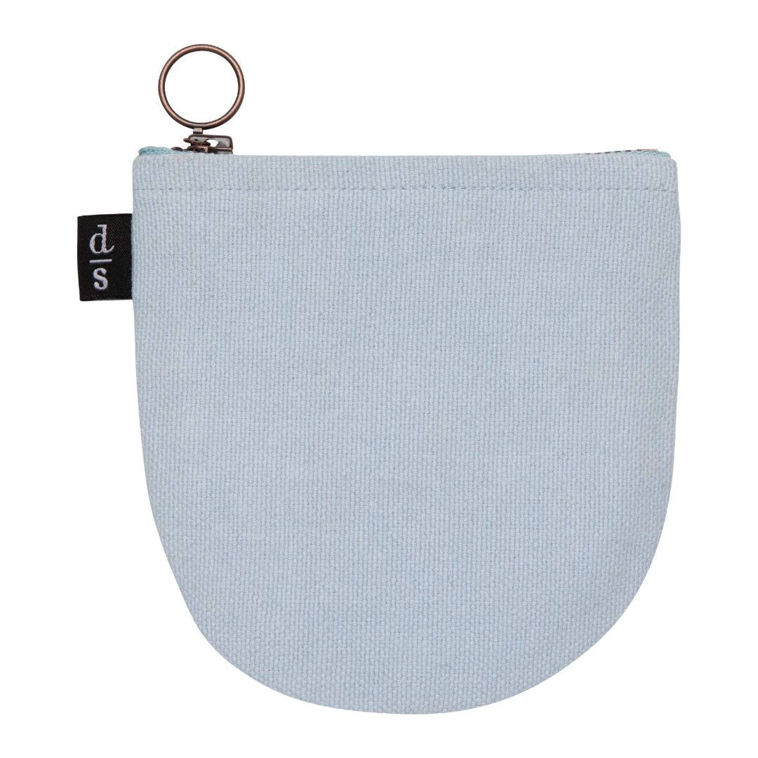Light blue pouch with a zipper and key ring on a white background