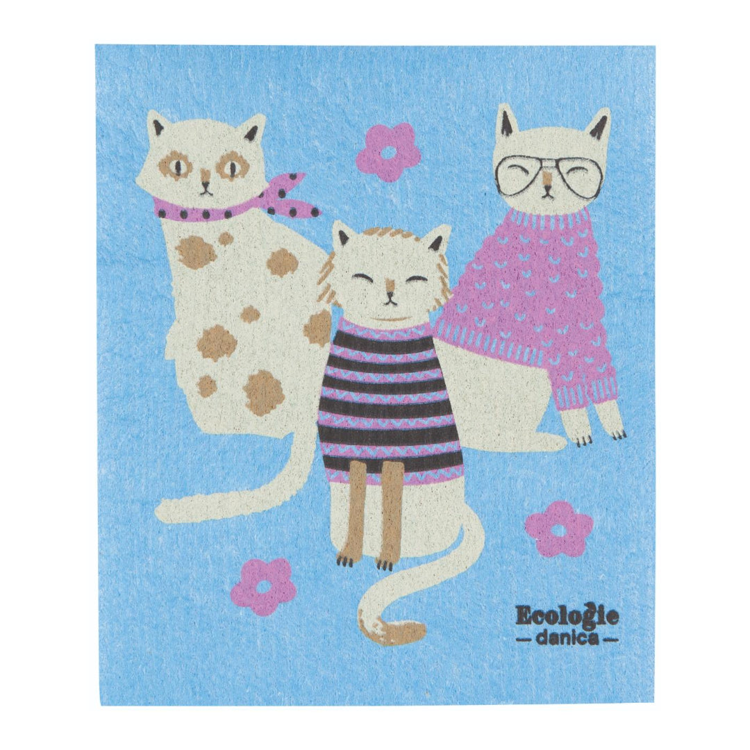 Three cats in sweaters on a blue background with 'Ecologie danica' branding.