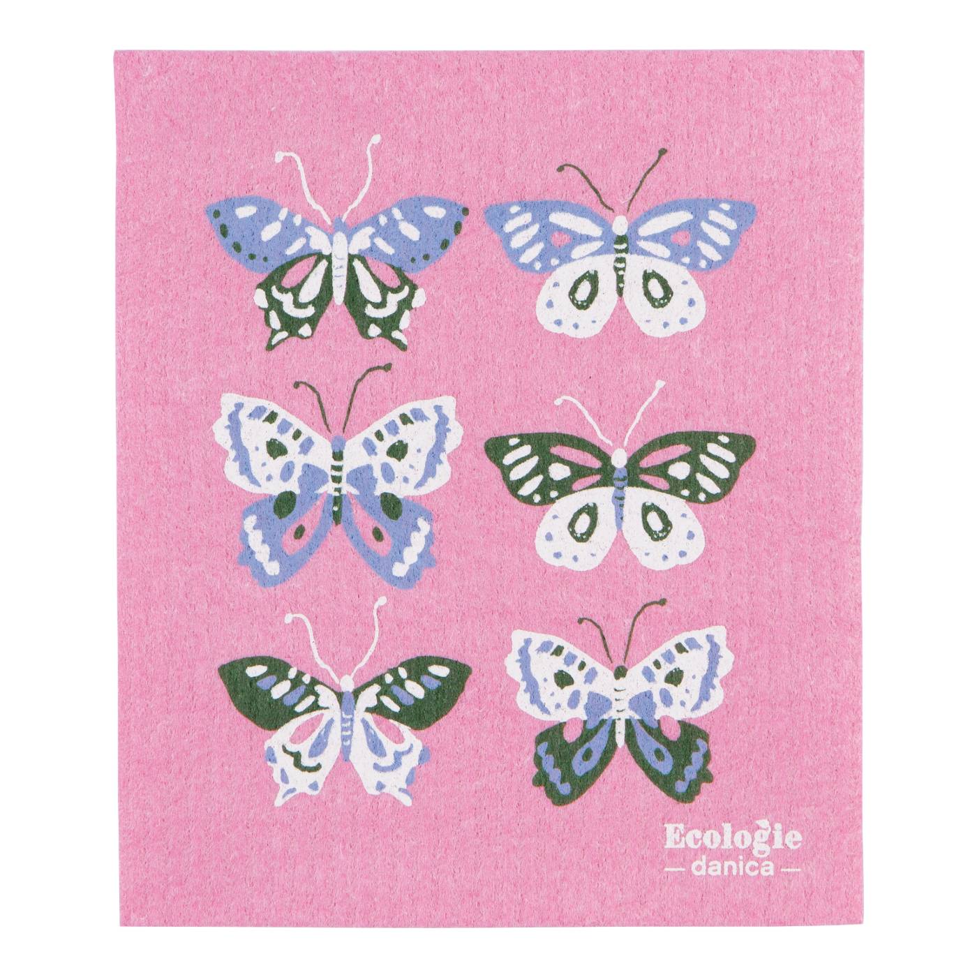 Pink cloth with butterfly designs and 'Eco' branding on a white background