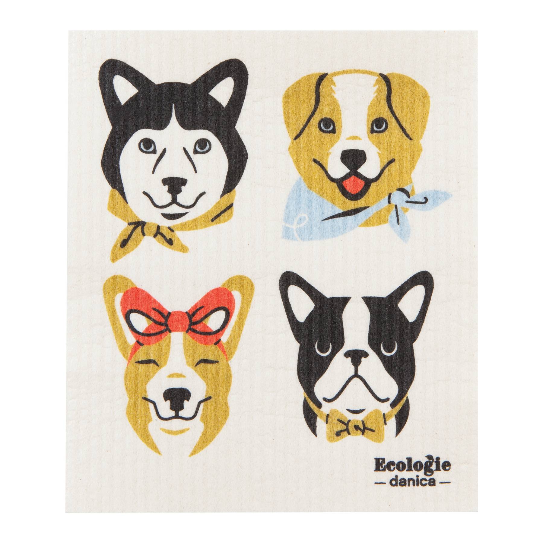 Dishtowel with dog illustrations and 'Ecologie danica' branding on a white background