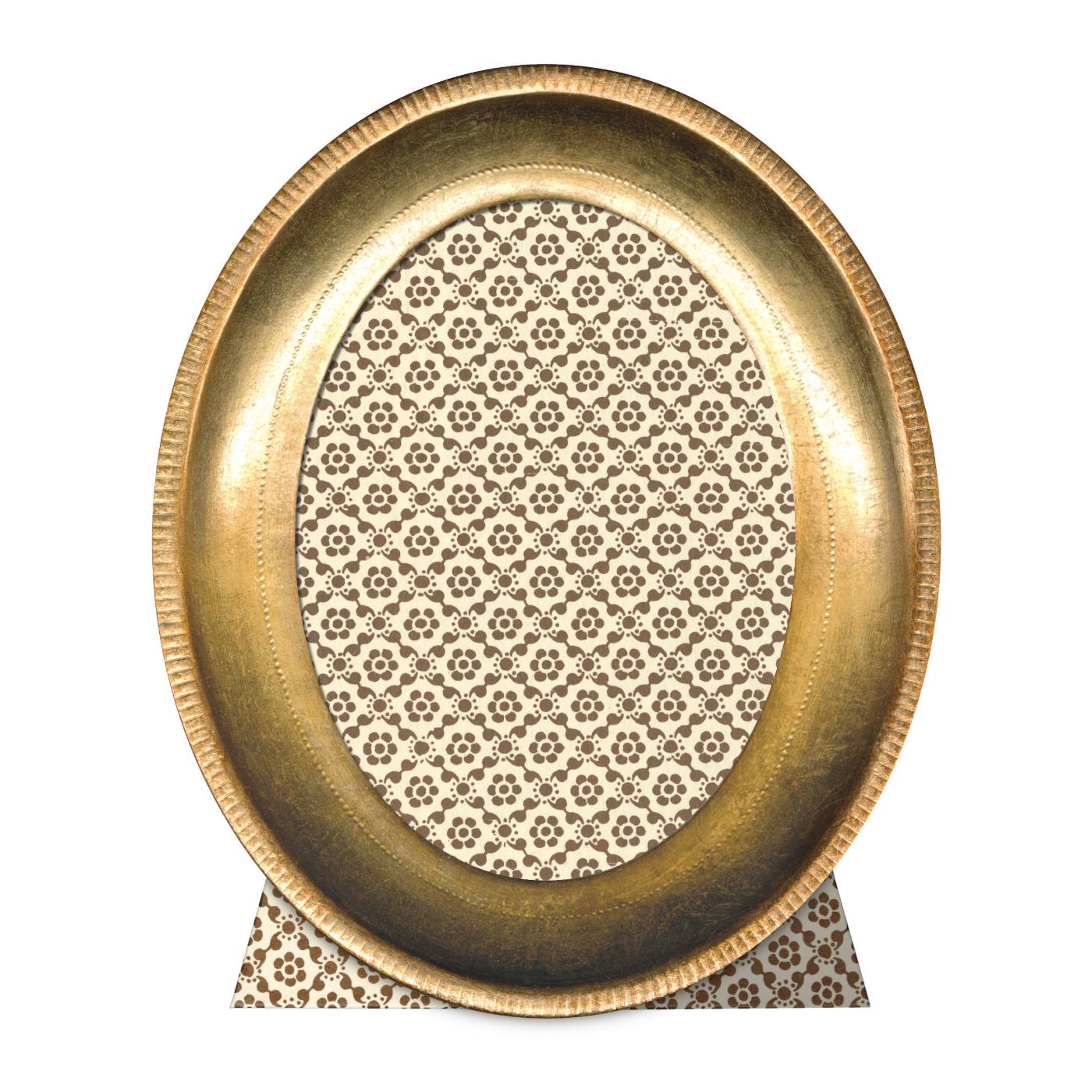 Gold decorative tray with a patterned fabric underneath on a white background