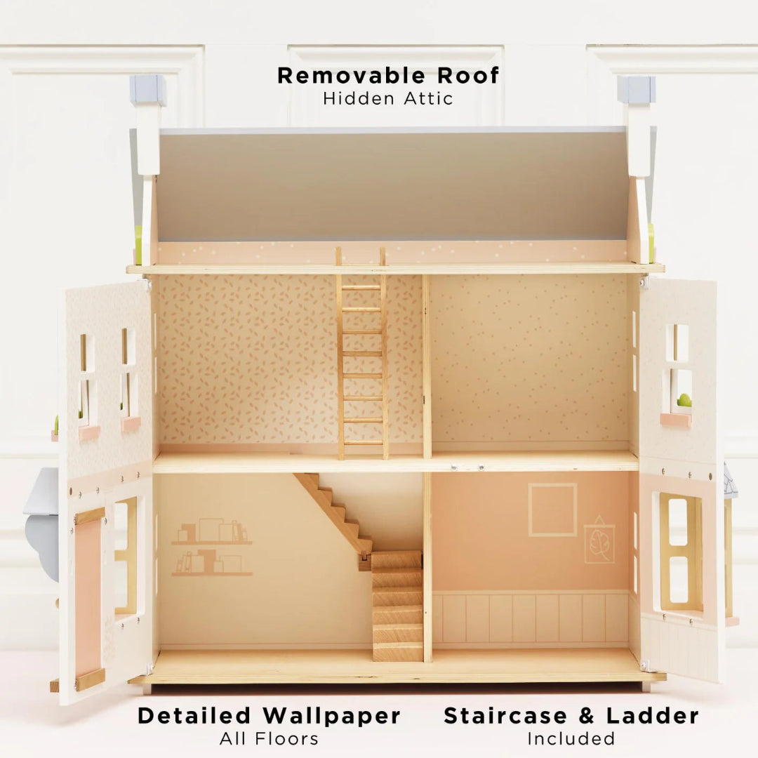 Wooden dollhouse with removable roof, staircase, and ladder on a white background