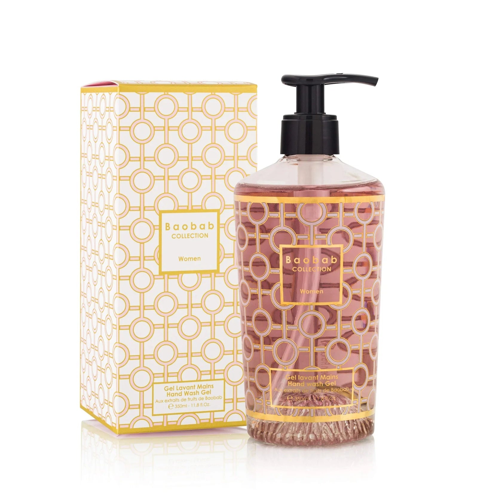 A pump bottle of hand wash gel with a gold and pink silk-screen print, next to its packaging box with a geometric pattern.