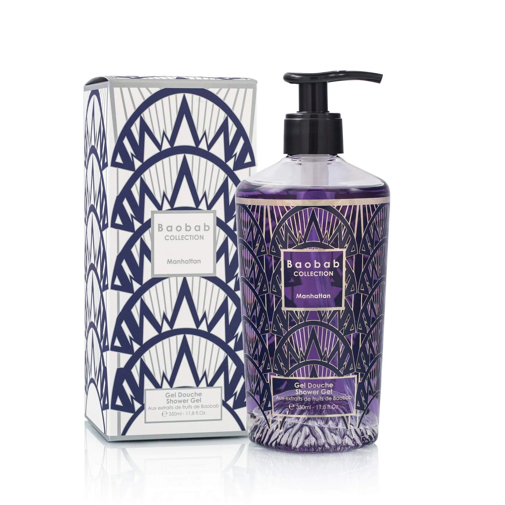 A pump bottle of hand wash gel with a deep blue color, packaged in a box with geometric patterns. The bottle is adorned with a platinum and navy blue design featuring the Chrysler building's metal architecture.