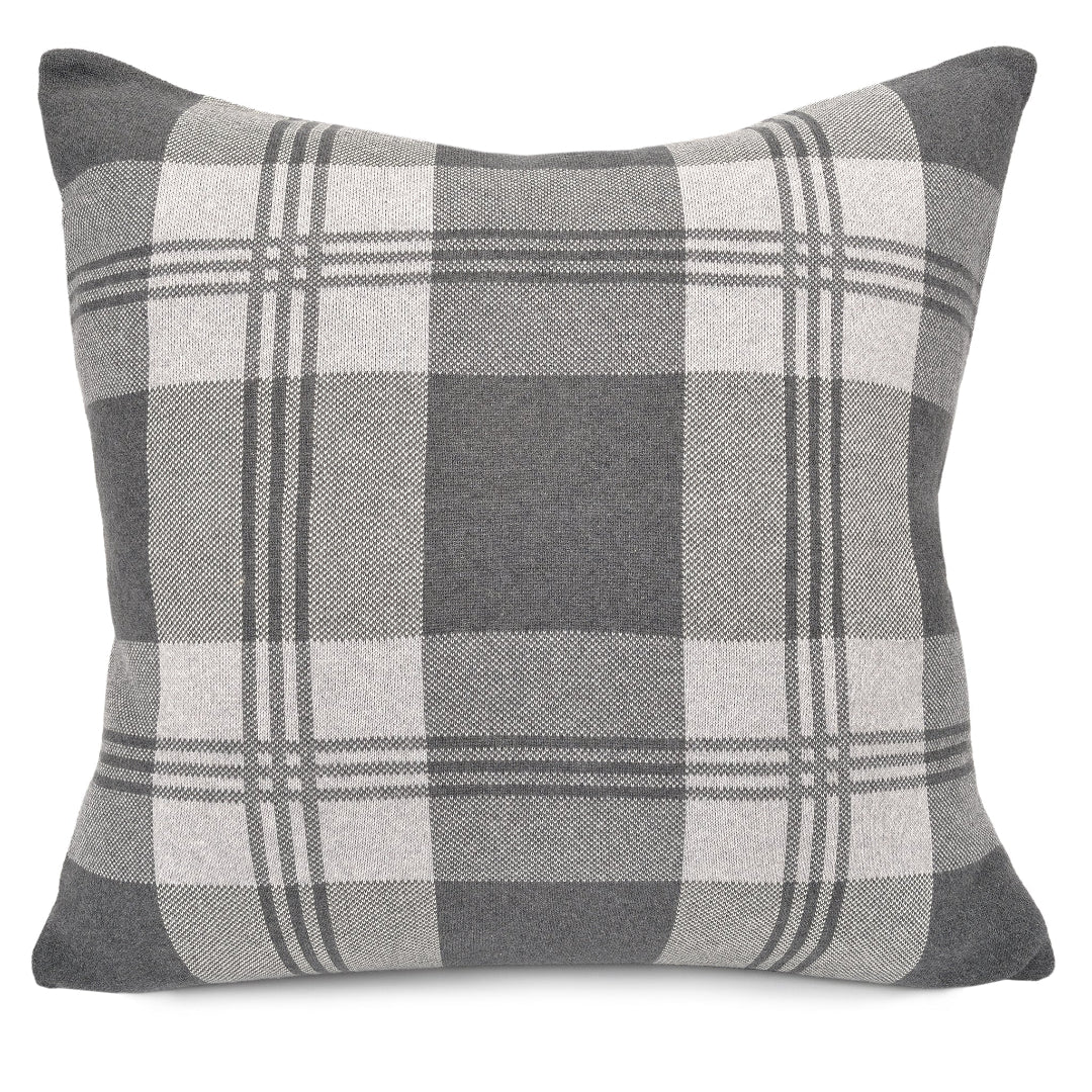 A gray plaid throw pillow without an insert.