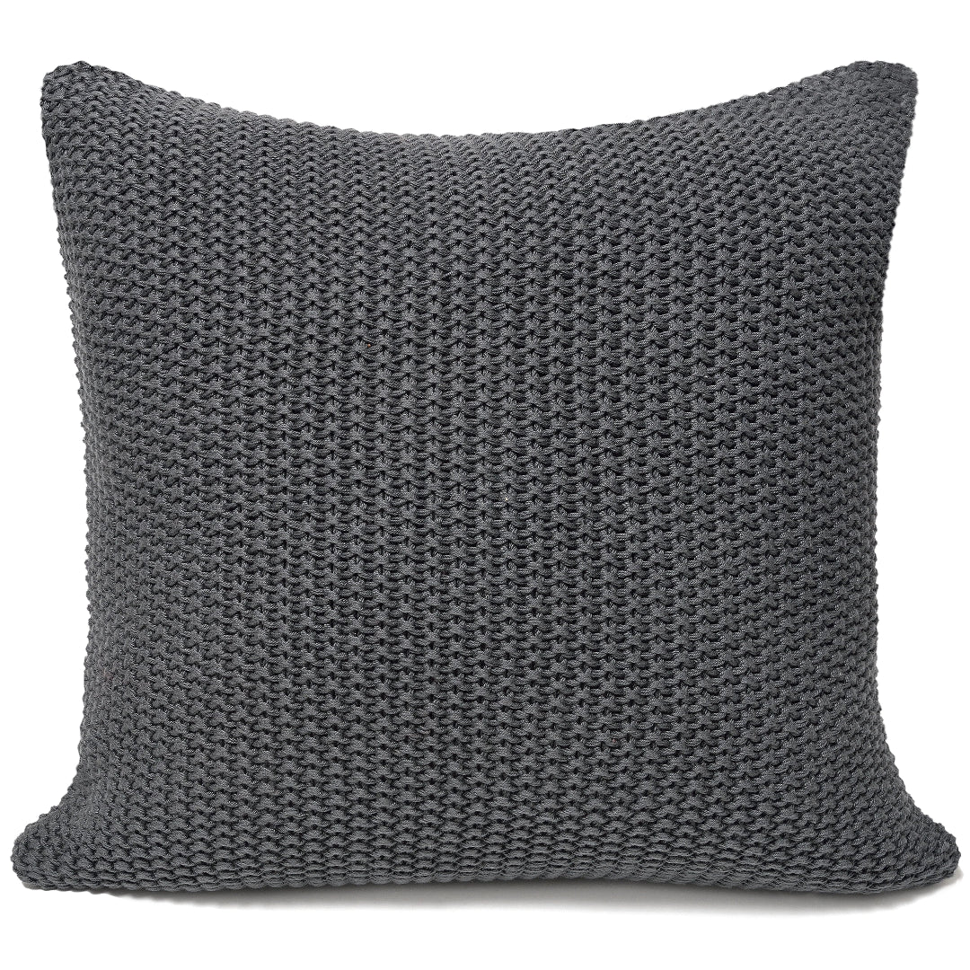 A square-shaped charcoal gray knit pillow, without any visible insert.