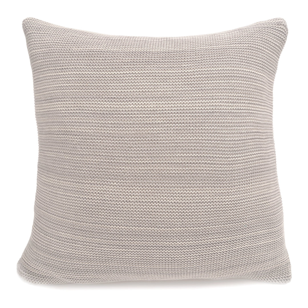 A light grey, knit-textured cushion without an insert.