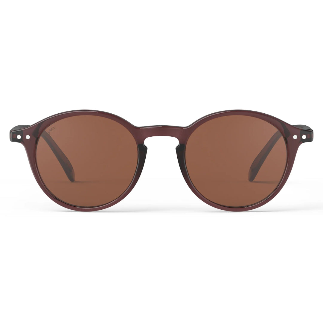 Round sunglasses with brown lenses and dark brown frame on a white background