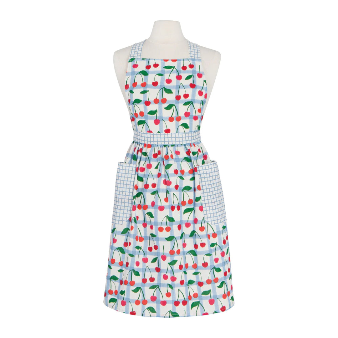 Apron with cherry pattern on a mannequin against a white background