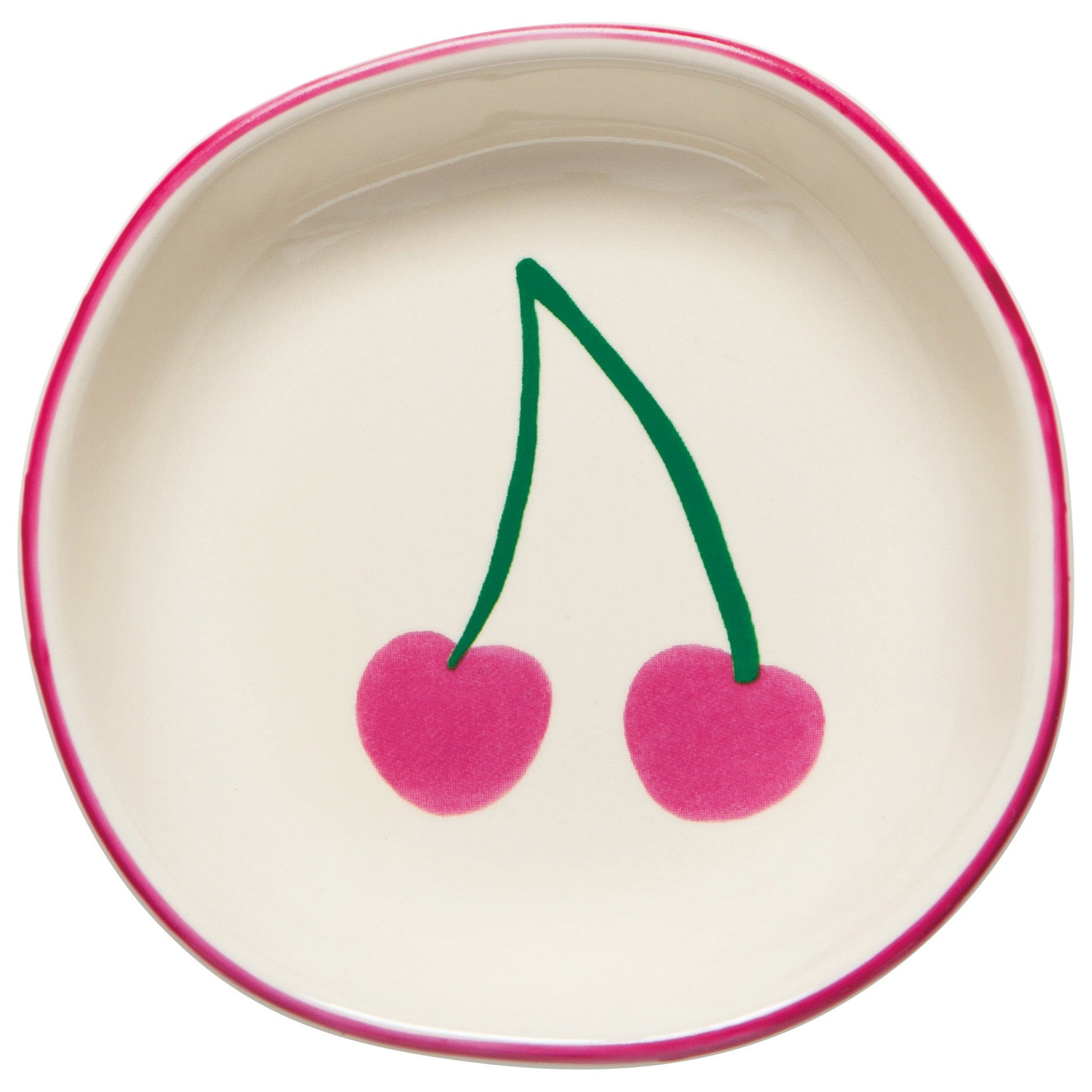 A set of round ceramic pinch bowls with cherry designs in varying colors such as red, green, and pink.