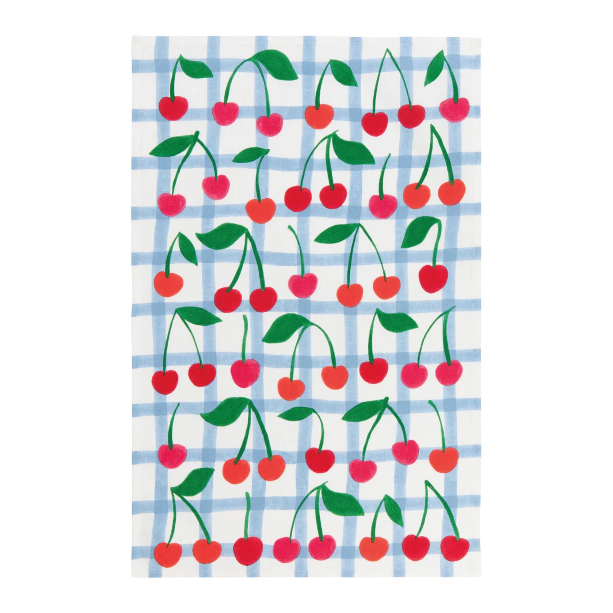 Tea towel with cherry pattern on a blue and white checkered background