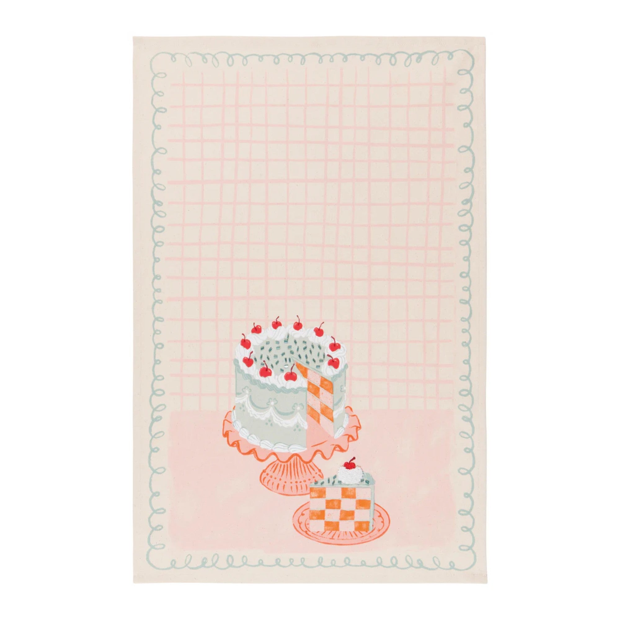 Tea towel with a cake design on a pink grid background