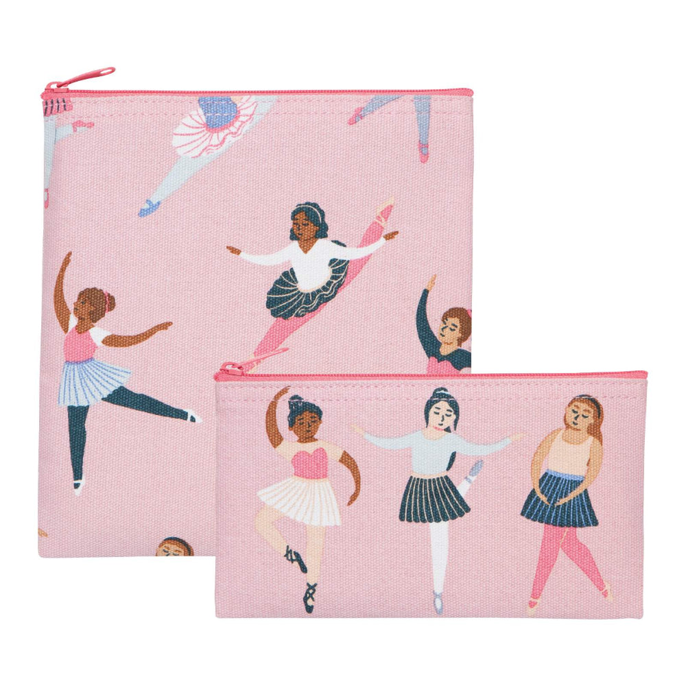 Two pink pouches with ballerina illustrations on a white background