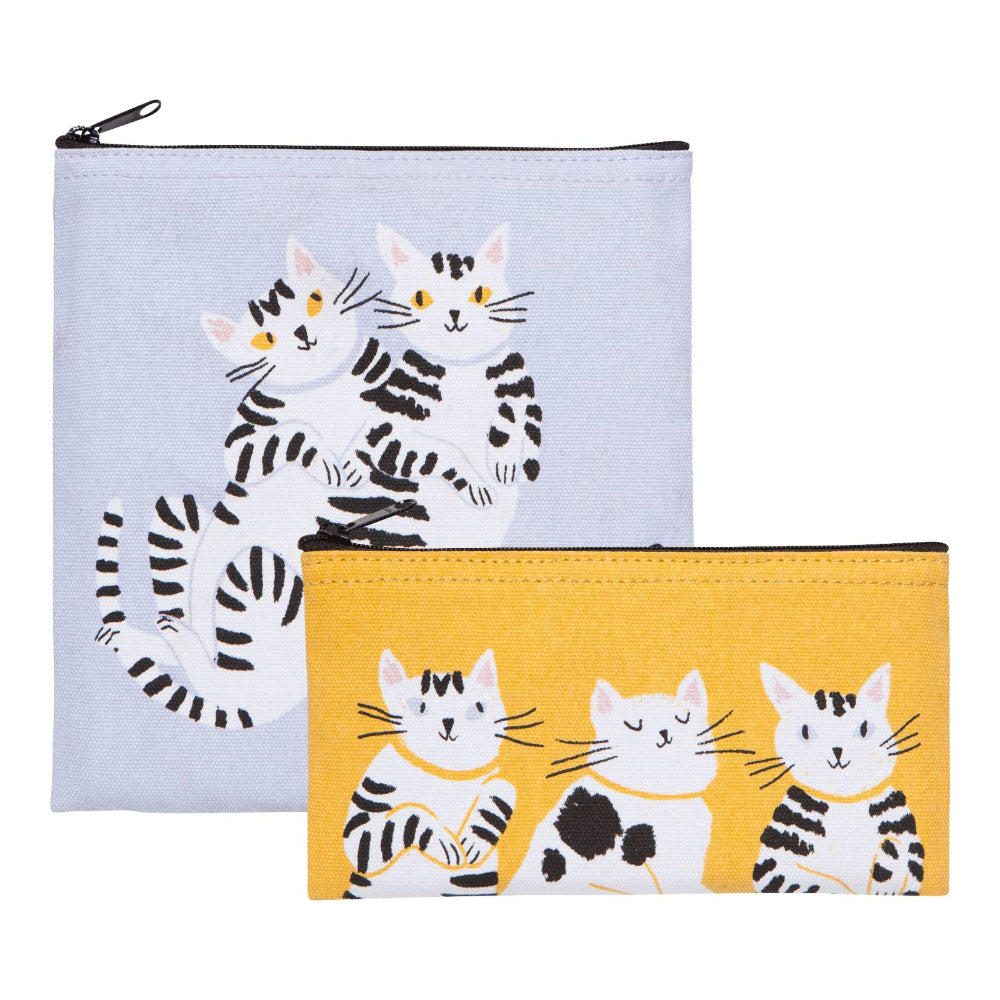 Two pouches with cat illustrations on a white background
