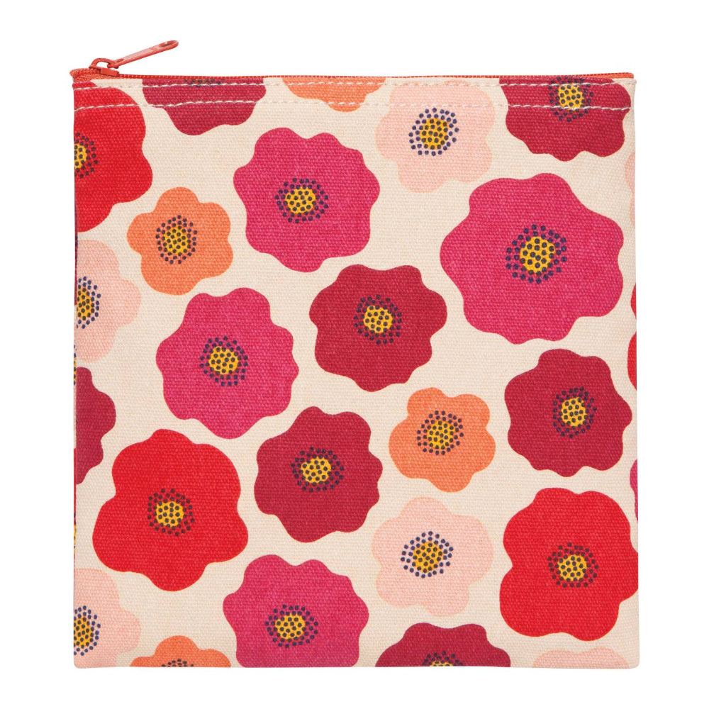 Floral patterned pouch with red, pink, and orange flowers on a beige background