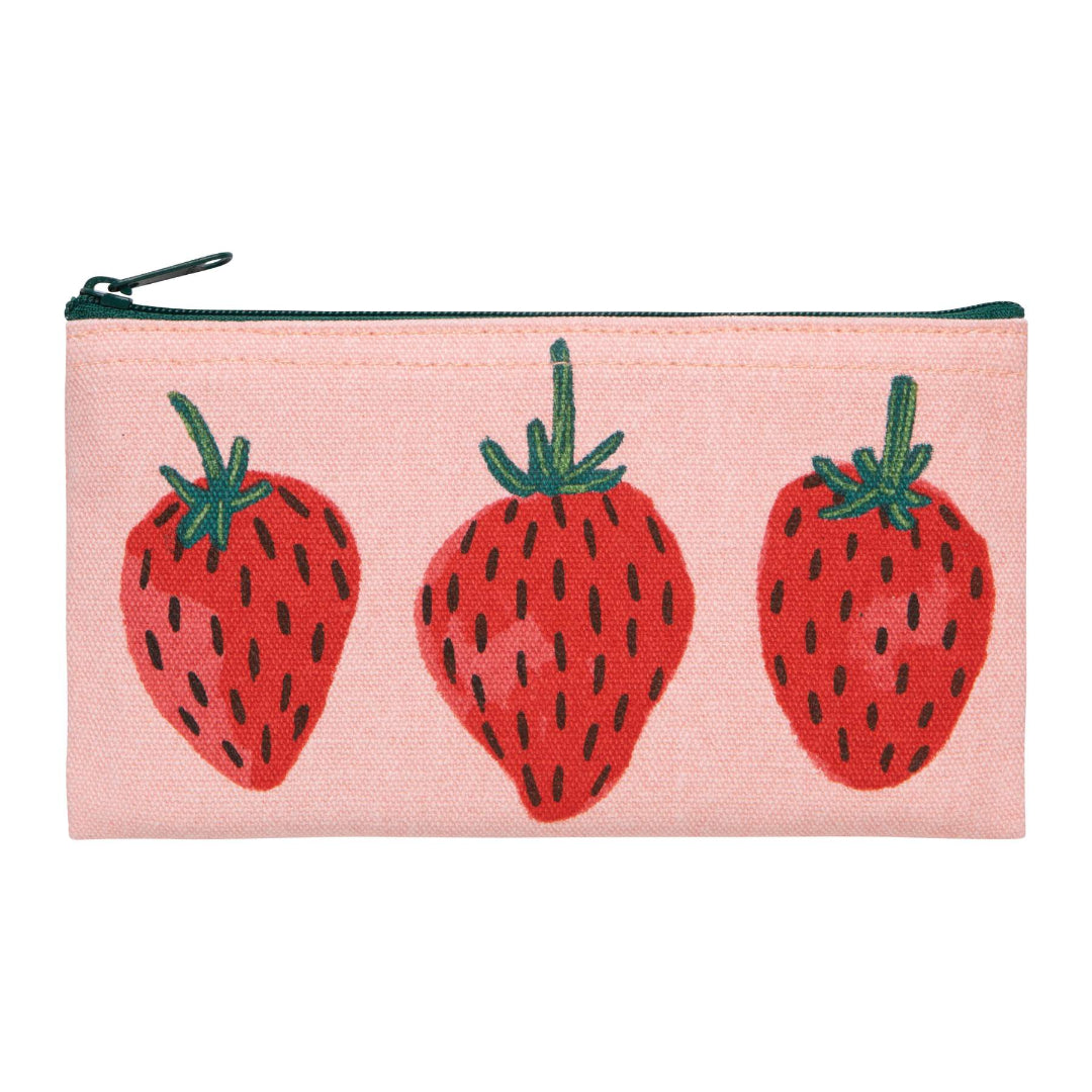 Pouch with strawberry design on a pink background