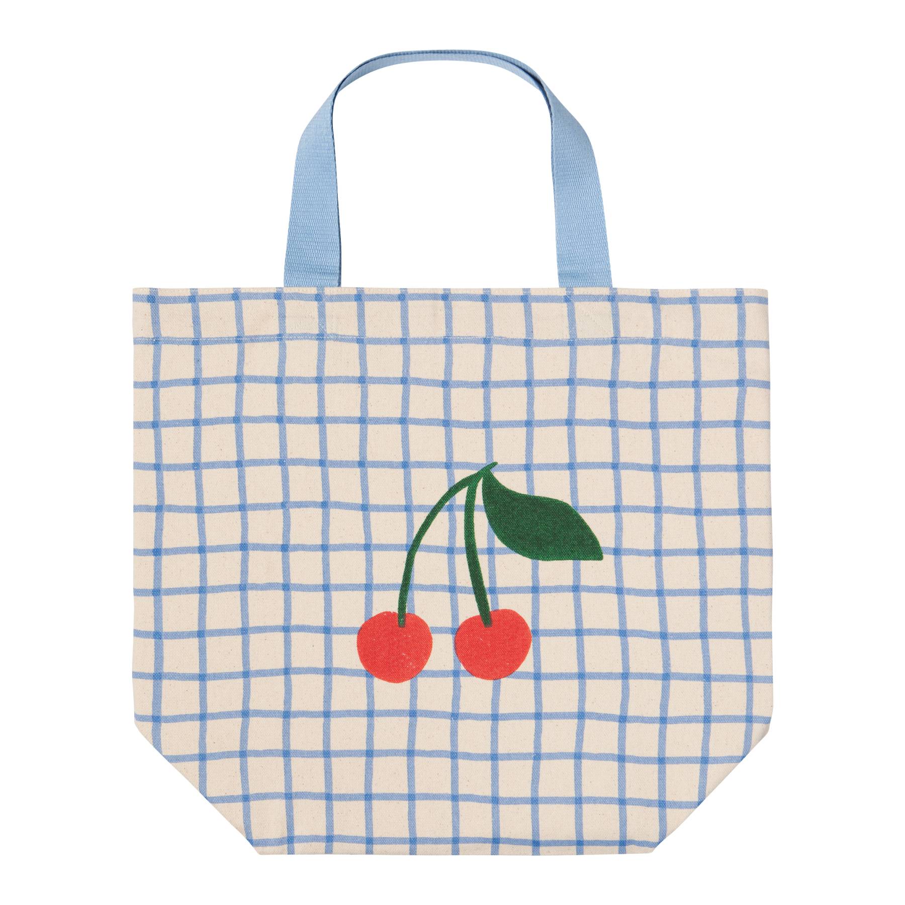 Tote bag with blue checkered pattern and red cherries on a white background