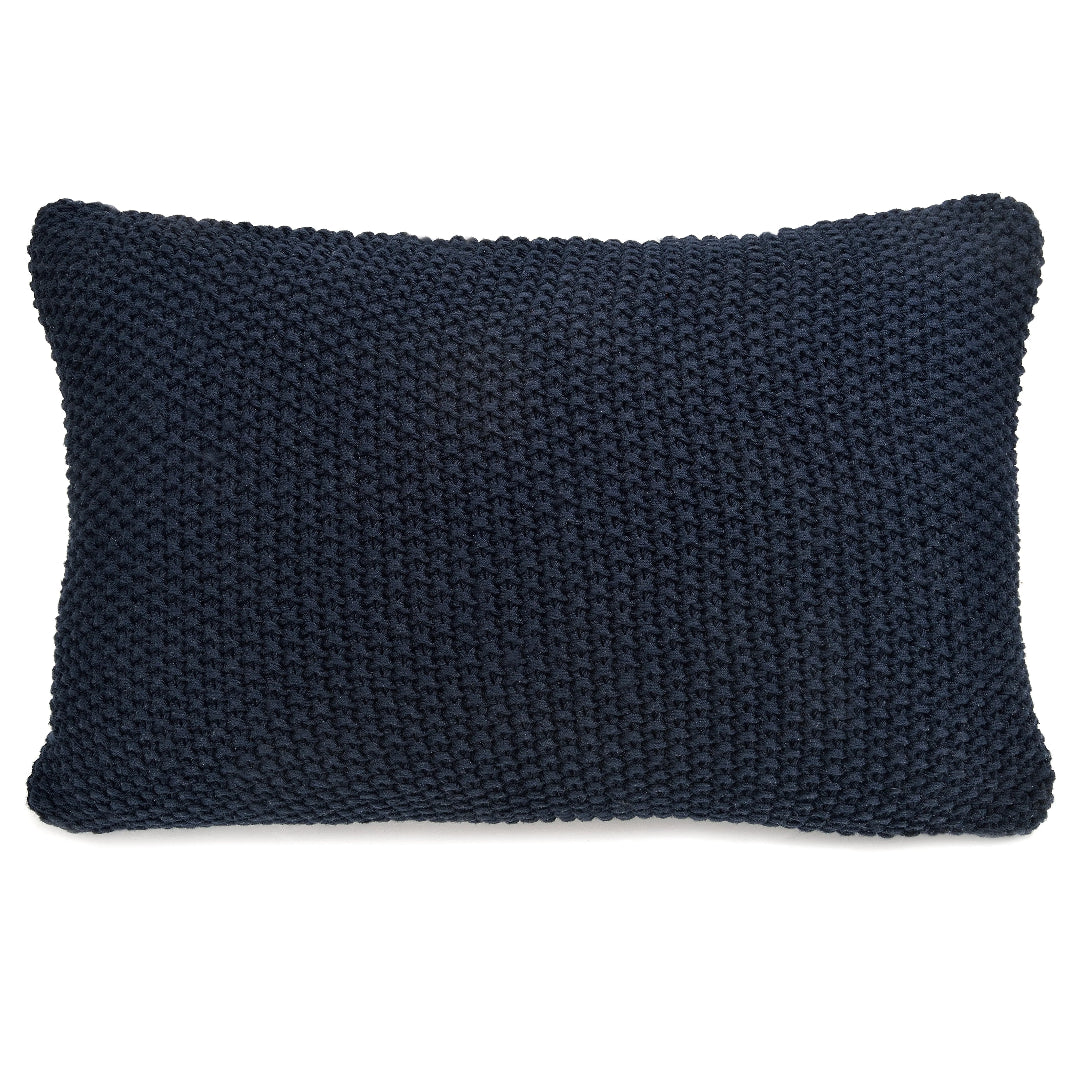 A navy knit throw pillow with a zip closure.