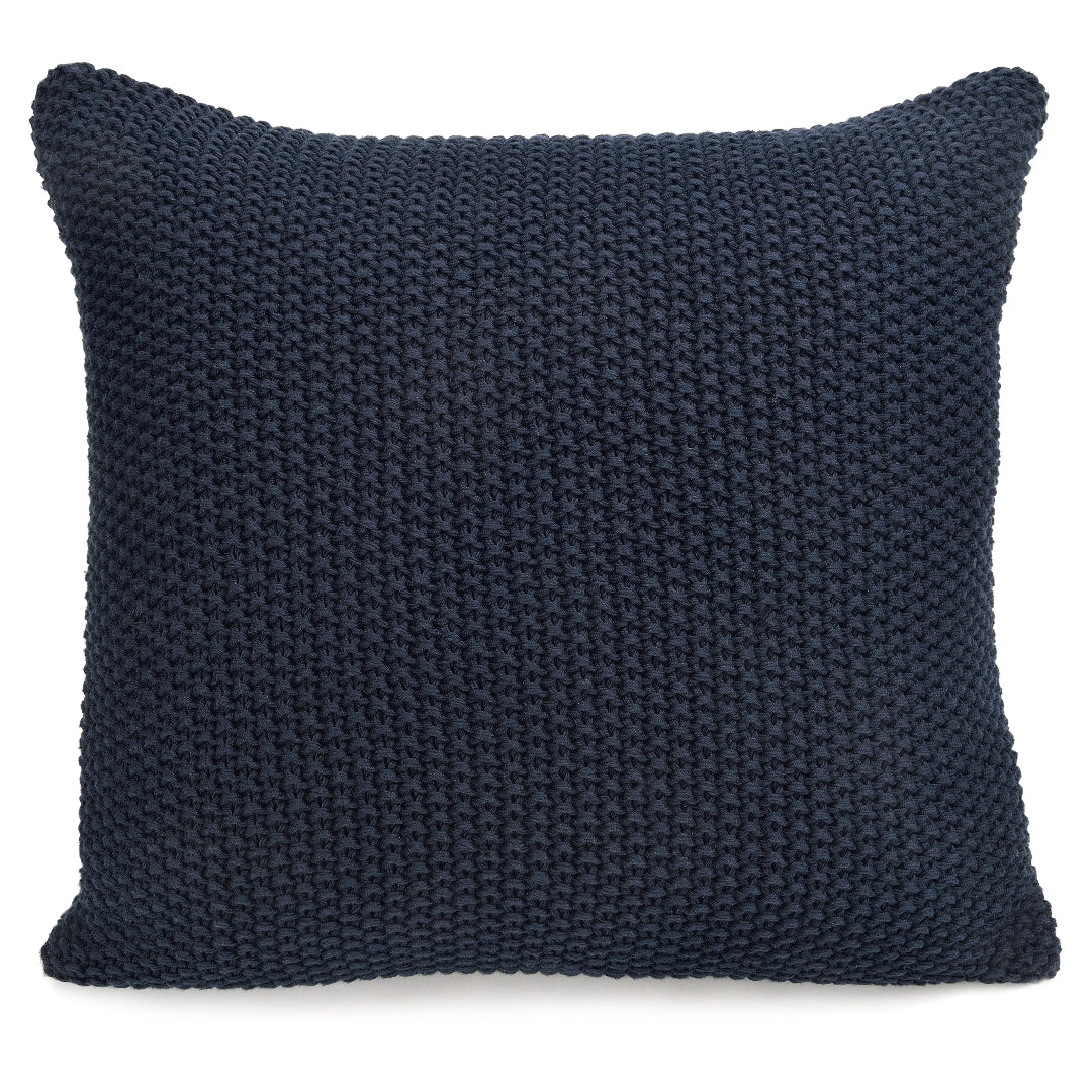 A navy knit throw pillow with a zip closure.