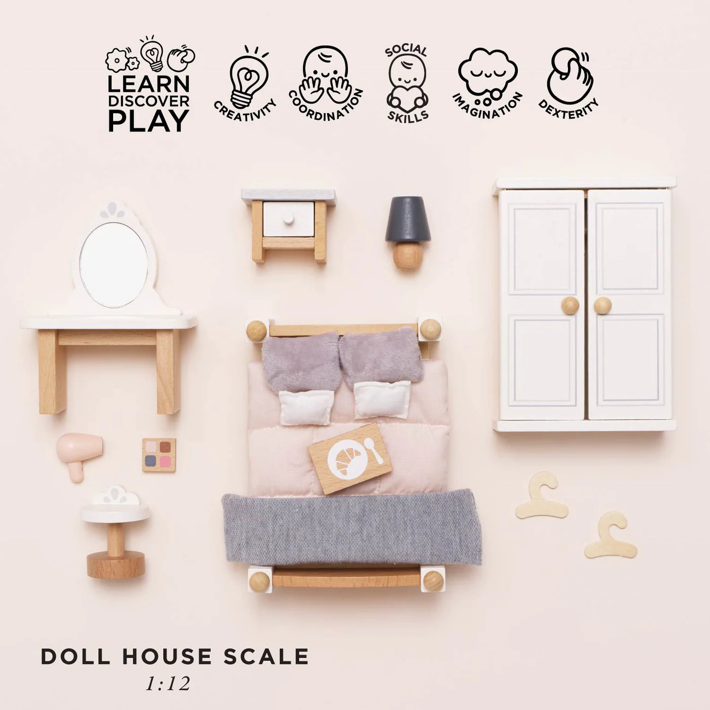 Set of miniature dollhouse furniture and accessories on a light pink background with icons and text.