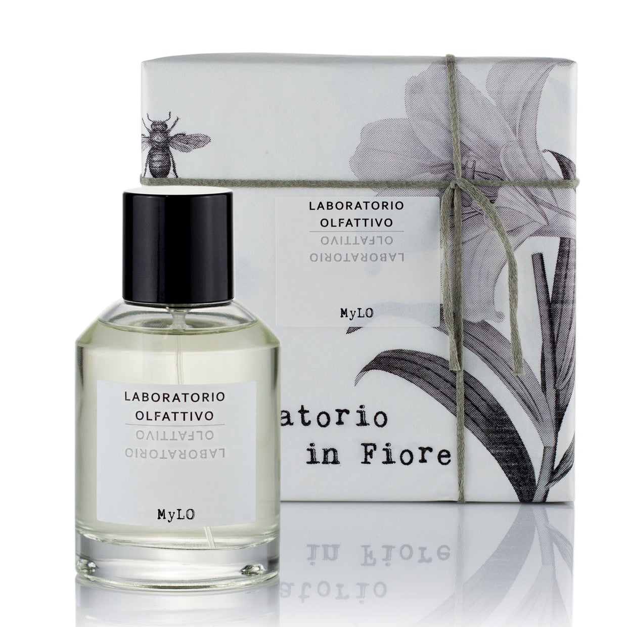 A 100ml Eau de Parfum bottle with the brand name 'Laboratorio Olfattivo' and the product name 'MyLO' on the label. 