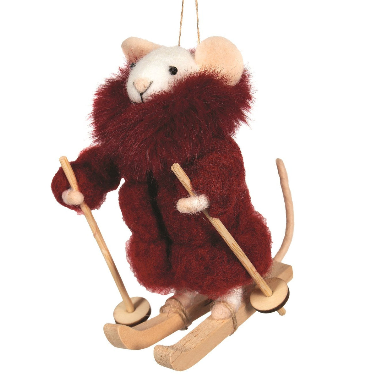 Felt Mouse in Burgundy Fur Coat & Skis Ornament