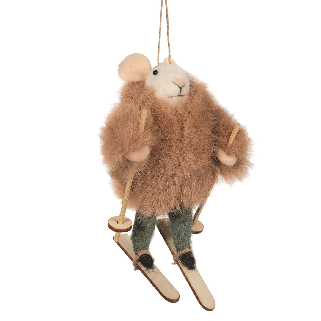 Felt Mouse in Brown Fur Coat & Skis Ornament